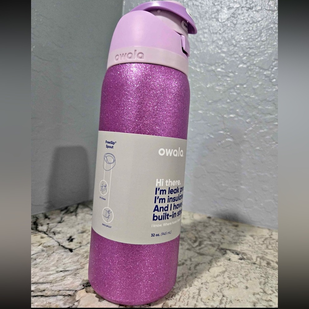 Owala Purple Glitter Water Bottle so Eggstra  free sip new - Picture 2 of 3